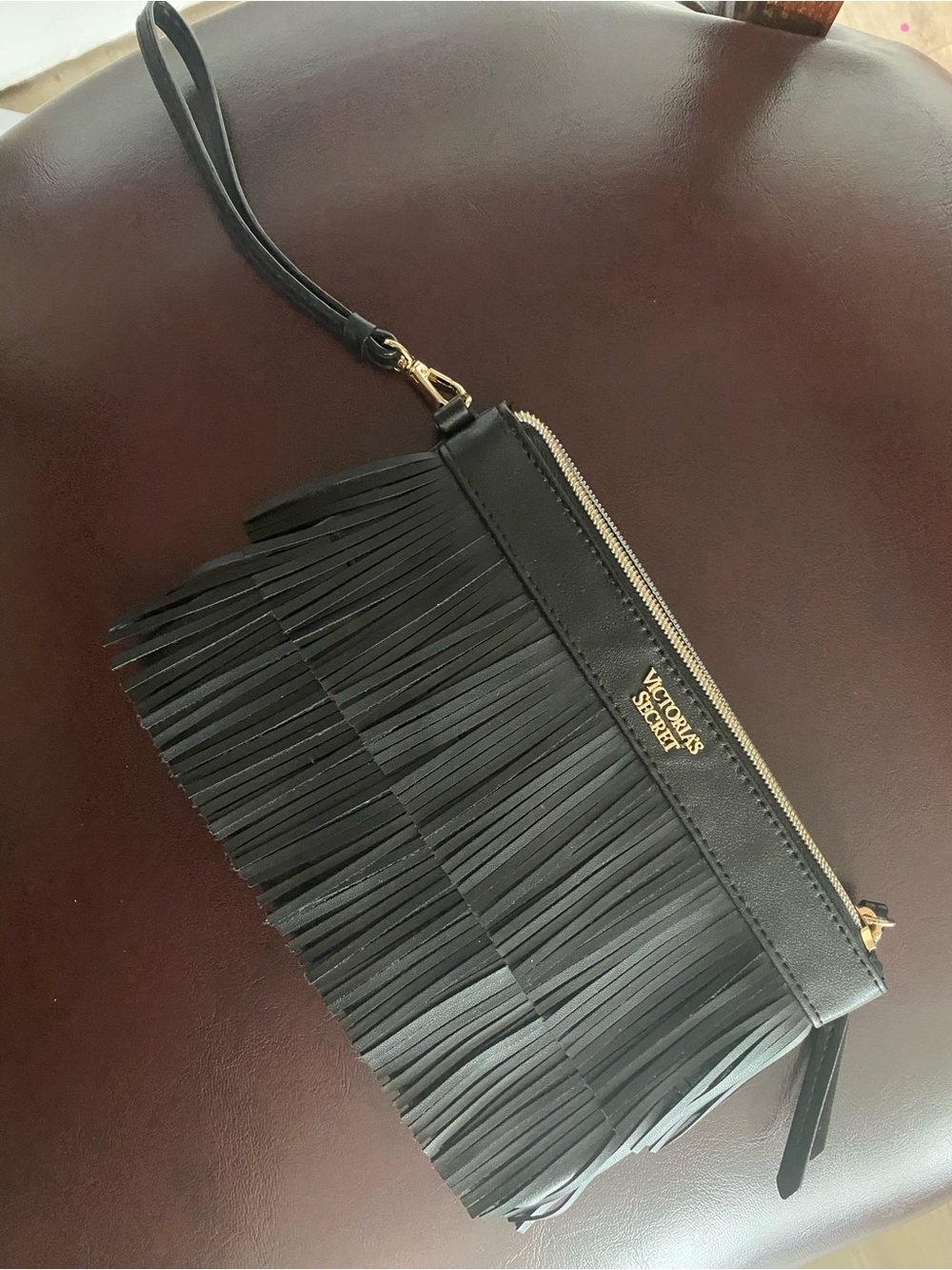 Victoria's Secret Black Fringe Wristlet Clutch with Gold Hardware